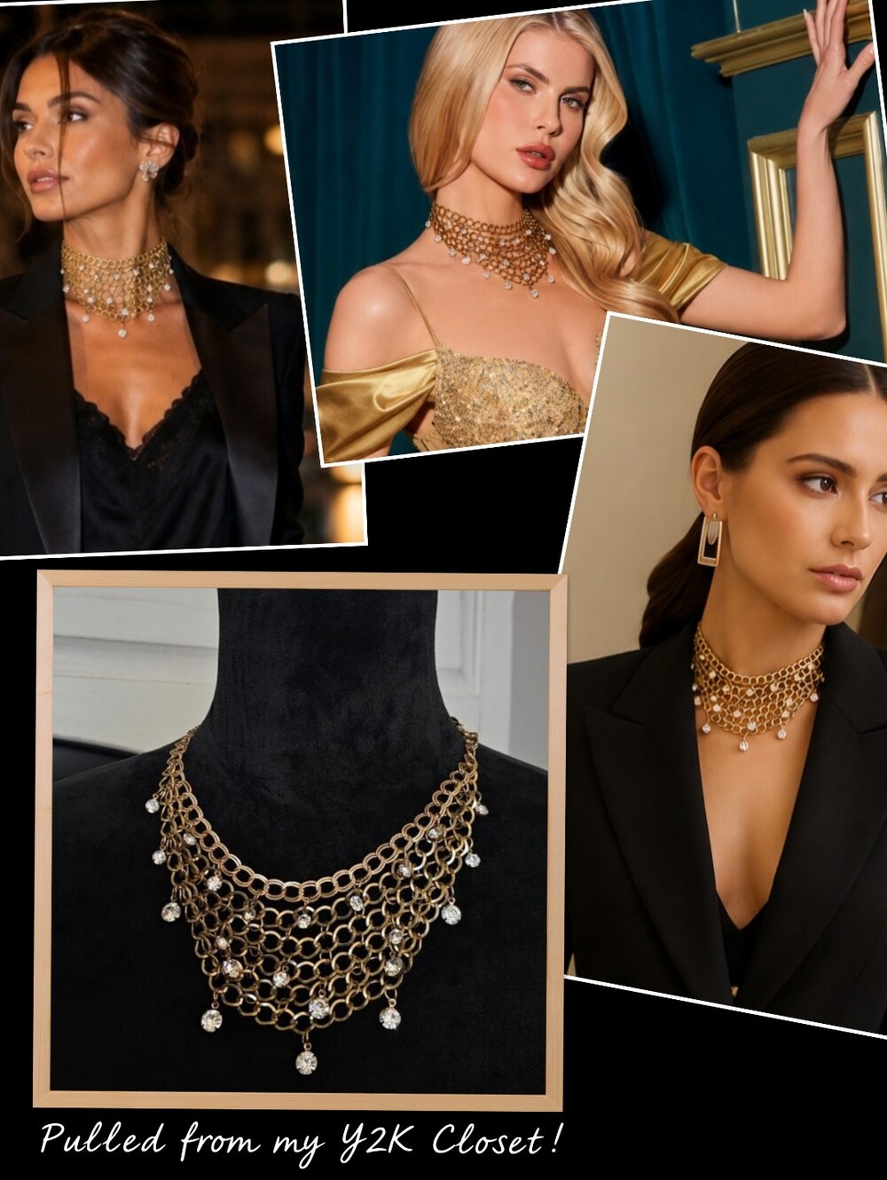 Vintage Dripping Rhinestones Necklace Gold Tone Costume Jewelry